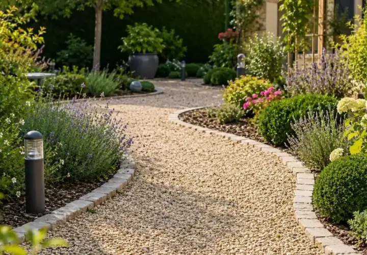 Une allée de jardin facile à faire serpente à travers des parterres de lavande, d'hortensias et de buis. Des bornes lumineuses éclairent le chemin.