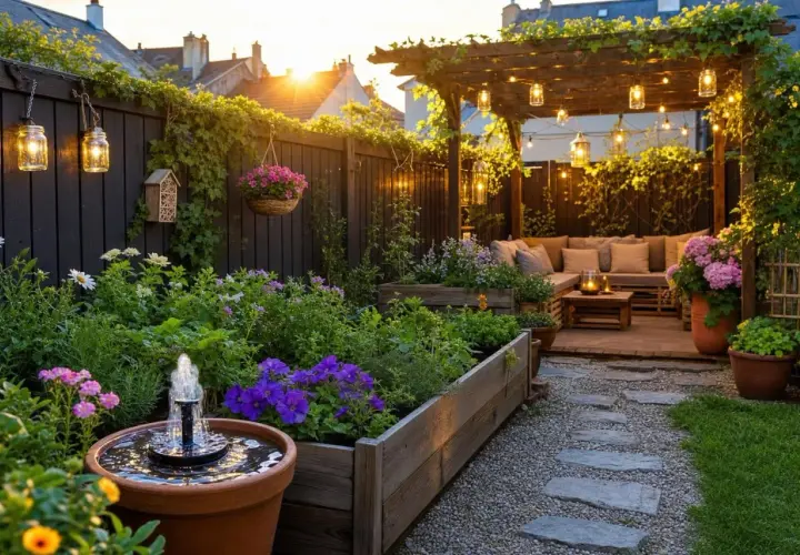 Un jardin zen pas cher avec des parterres surélevés, une fontaine, des lanternes et un coin salon sous une pergola illuminée.