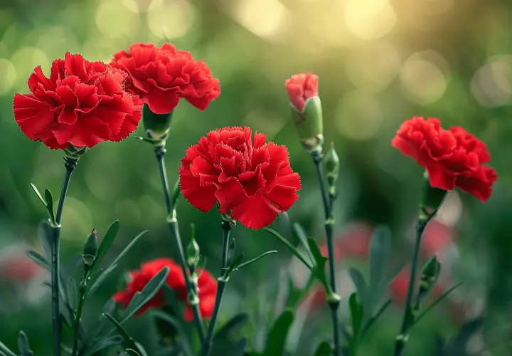 Plusieurs œillets communs rouges s'épanouissent dans un jardin, leurs pétales frangés capturant la lumière dorée du soleil.