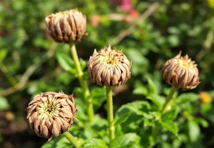 Quatre têtes de chrysanthème séchées, aux pétales brunâtres et serrés, évoquent la signification de la fin et de la transition.
