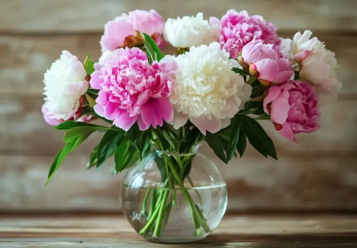 Un bouquet de pivoines roses et blanches dans un vase en verre. La pivoine blanche signification évoque la pureté et la beauté.