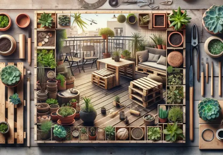 Idées pour aménager une terrasse avec pots : un espace détente verdoyant avec mobilier en palettes et plantes succulentes.