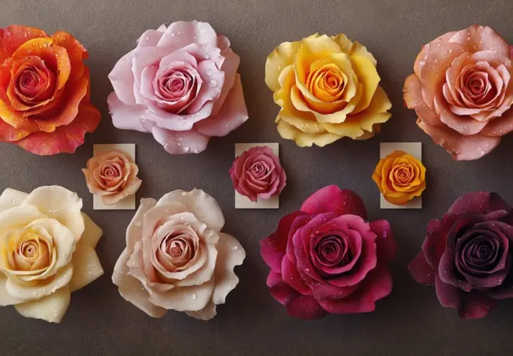 Dix roses de différentes couleurs, certaines avec des gouttes d'eau, évoquent la signification des nombres de roses.