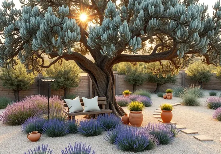 Un banc en bois avec coussins blancs, éclairé par un lampadaire, est installé au pied d'un vieil olivier. La **décoration au pied d'un olivier** est complétée par des lavandes en fleurs et des pots en terre cuite.