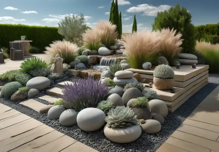 Un magnifique jardin rocaille avec une cascade, des graminées ondulantes, des succulentes et des galets polis. Un havre de paix naturel.