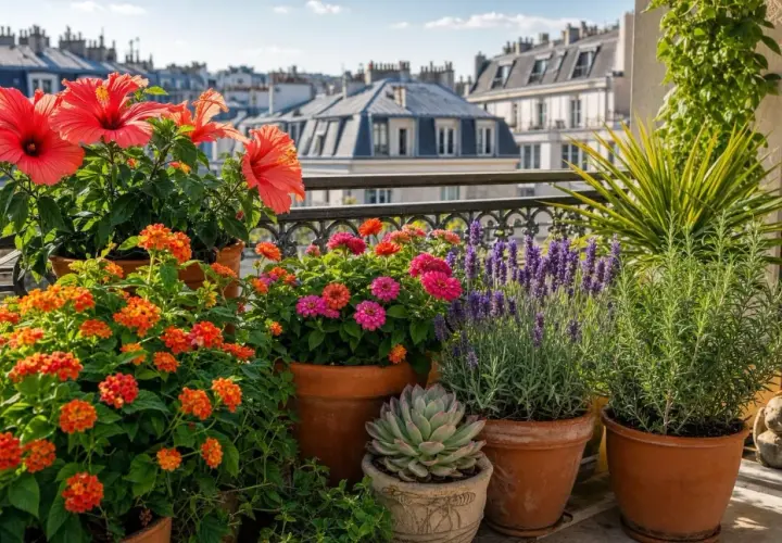 Un balcon fleuri à Paris, avec hibiscus, lantana, zinnias, lavande et romarin. Une belle **plante balcon** qui invite à la détente.