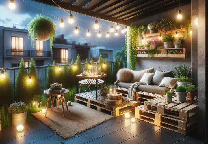 Une petite terrasse aménagée avec des palettes, des plantes et des guirlandes lumineuses pour une ambiance cosy.