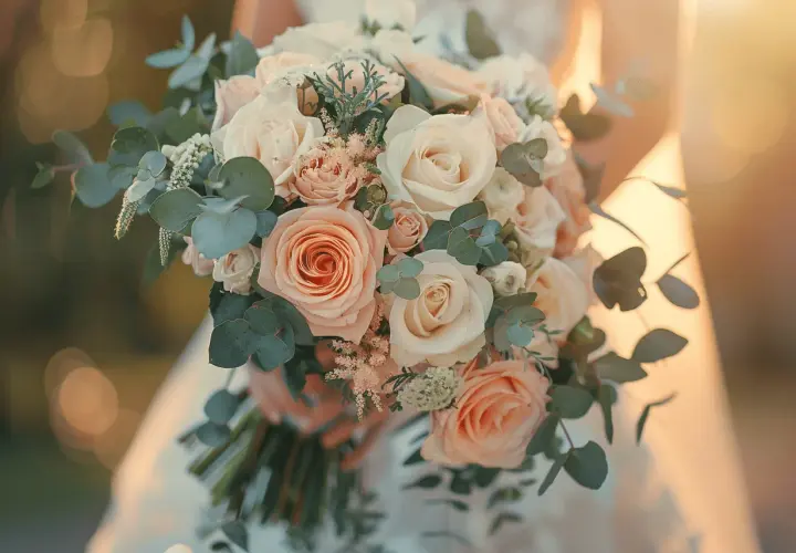 Un joli petit bouquet mariage civil, composé de roses pêche et crème, d'eucalyptus et de petites fleurs blanches, tenu par une mariée.