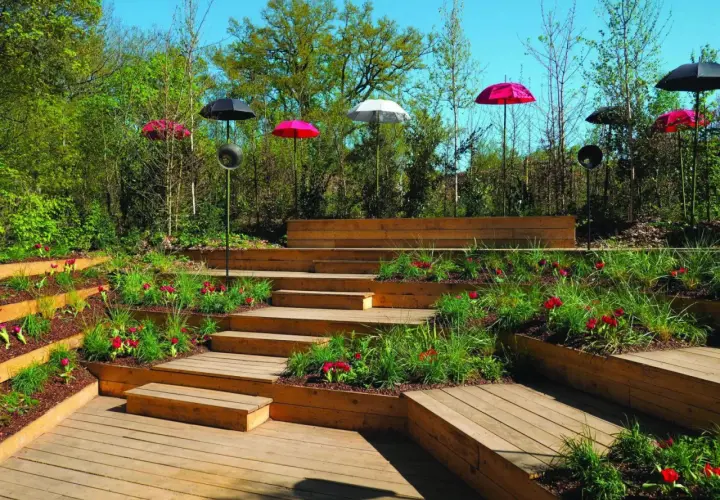 Aménagement d'une butte de terre en pente avec des terrasses en bois, des tulipes rouges et des parasols colorés.