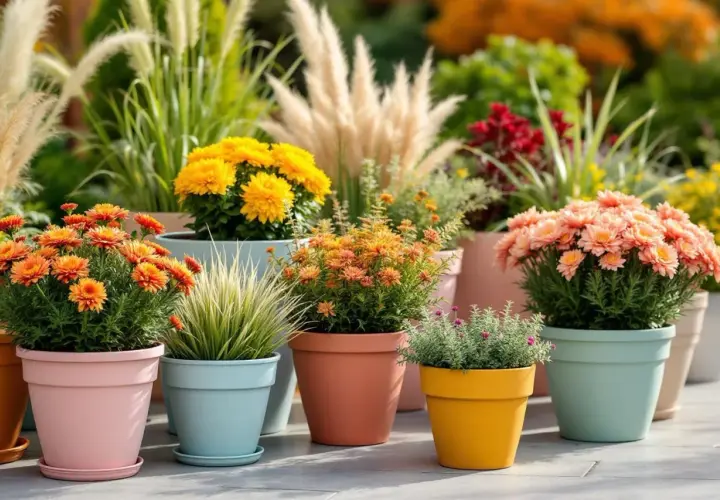 Jardinières extérieures colorées avec des chrysanthèmes orange, jaunes et roses. Une belle idée composition pour un balcon fleuri.