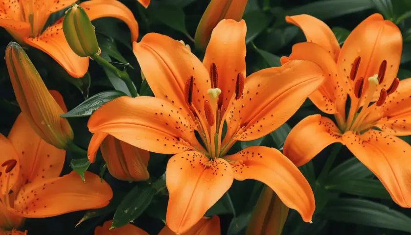 Des lys orange éclatants, symboles de passion et de confiance, s'épanouissent parmi des feuilles vertes.