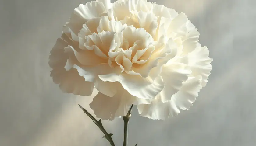 Un œillet blanc, symbole de pureté et d'amour sincère, se dresse sur un fond texturé. Ses pétales délicats captent la lumière.