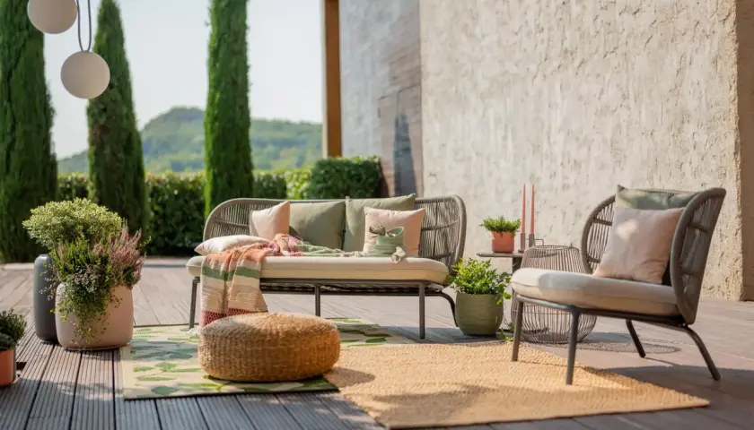 Aménagement terrasse extérieure : un canapé et un fauteuil confortables, des coussins, des plaids et des plantes créent un espace détente accueillant.