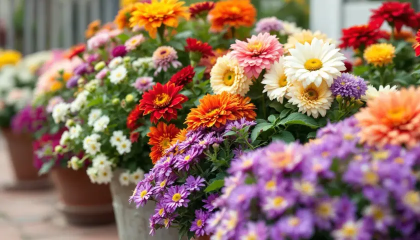 Un assortiment de fleurs rondes aux couleurs vives : jaunes, oranges, rouges, roses, blanches et violettes, disposées en pots sur un sol pavé.
