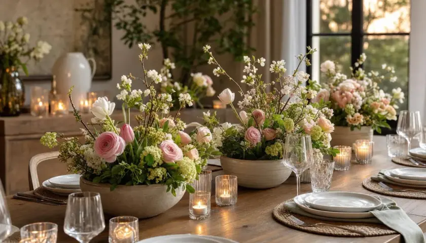 Magnifique idée déco centre de table salle à manger : bouquets de fleurs printanières, tulipes roses, roses et bougies créent une ambiance chaleureuse.
