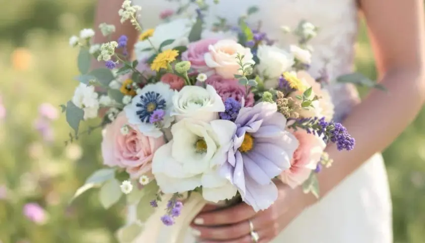 Une mariée tient une composition de bouquet de fleurs pastel, mêlant roses douces, anémones bleues et lavande, dans un écrin de verdure.
