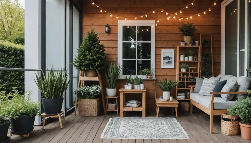 Ambiance chaleureuse sur cette véranda avec une deco veranda cocooning, plantes vertes, coussins douillets et guirlandes lumineuses.