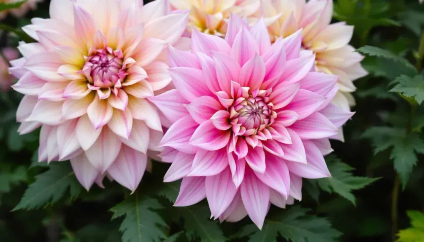Dahlias rose et pêche, symboles de grâce et de beauté. La signification du dahlia est souvent liée à la dignité et à l'élégance.