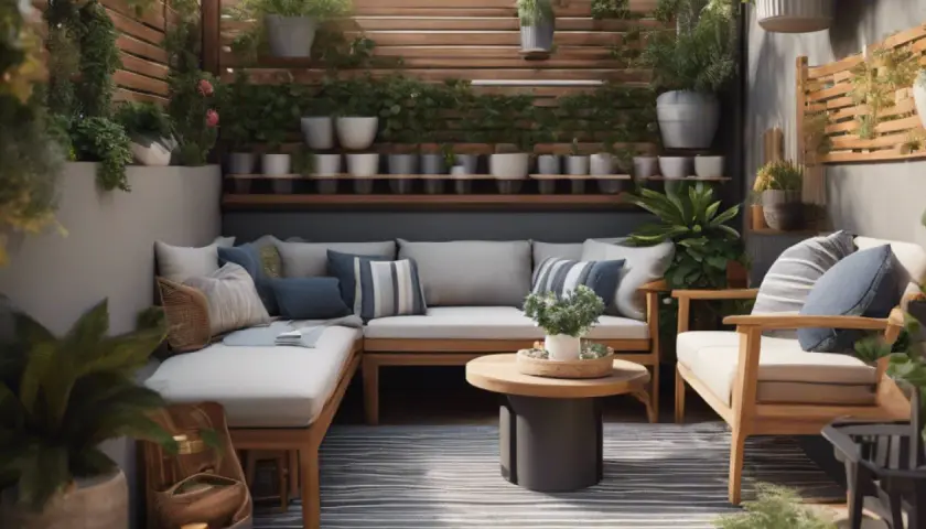 Une petite terrasse cocooning avec un canapé d'angle en bois, des coussins bleus et gris, une table basse ronde et de nombreuses plantes vertes.