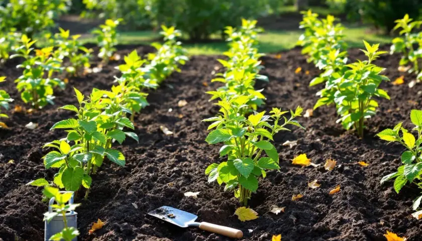 Jeunes plants de cassis alignés dans un sol sombre, prêts pour une nouvelle plantation. Une petite pelle repose à proximité.