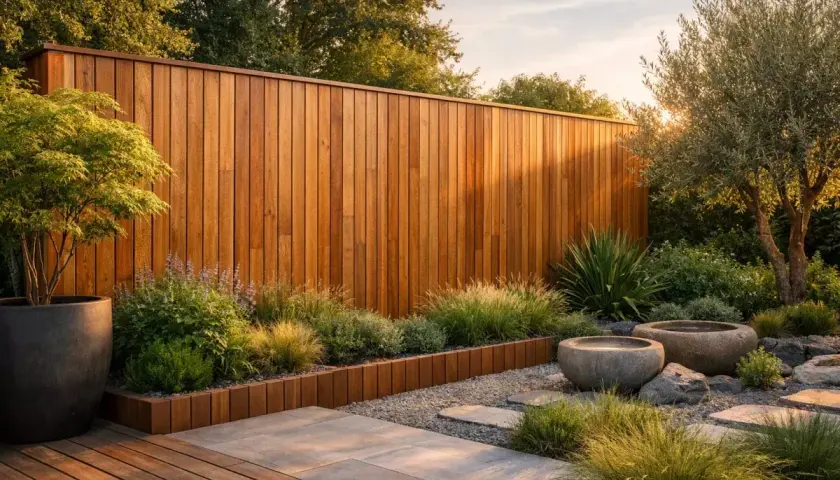 Jardin zen avec mur en bois, plantes luxuriantes et deux bassins en pierre. Une belle idée déco mur extérieur jardin pour une ambiance apaisante.