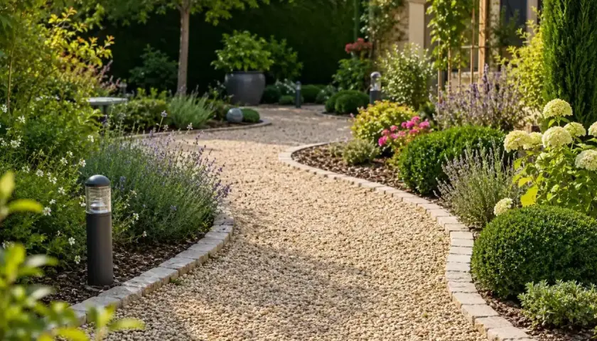 Une allée de jardin facile à faire serpente à travers des parterres de lavande, d'hortensias et de buis. Des bornes lumineuses éclairent le chemin.