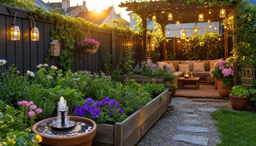 Un jardin zen pas cher avec des parterres surélevés, une fontaine, des lanternes et un coin salon sous une pergola illuminée.