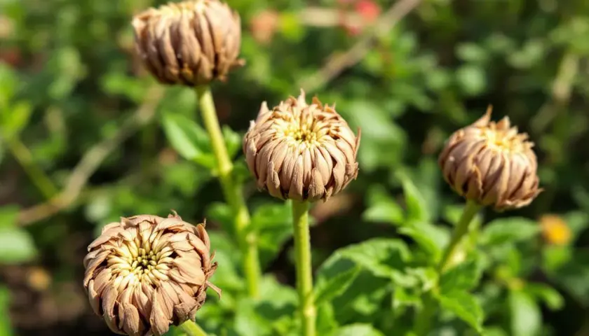 Quatre têtes de chrysanthème séchées, aux pétales brunâtres et serrés, évoquent la signification de la fin et de la transition.