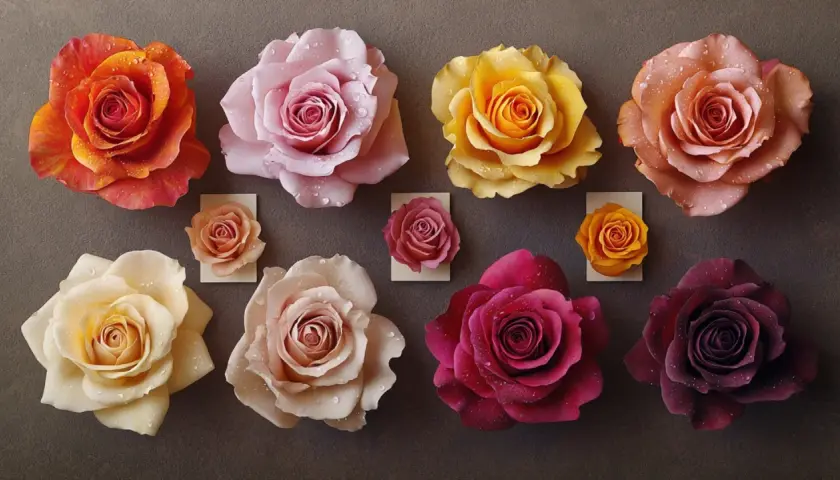 Dix roses de différentes couleurs, certaines avec des gouttes d'eau, évoquent la signification des nombres de roses.
