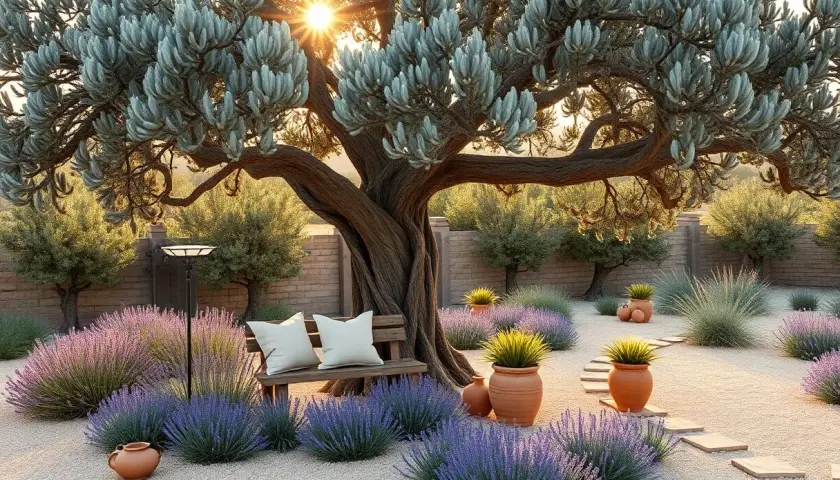 Un banc en bois avec coussins blancs, éclairé par un lampadaire, est installé au pied d'un vieil olivier. La **décoration au pied d'un olivier** est complétée par des lavandes en fleurs et des pots en terre cuite.