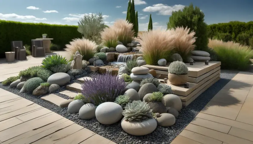 Un magnifique jardin rocaille avec une cascade, des graminées ondulantes, des succulentes et des galets polis. Un havre de paix naturel.