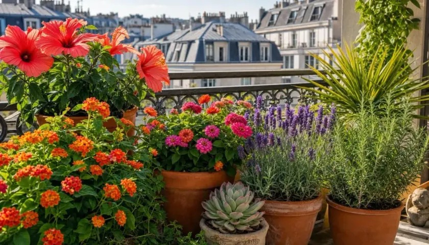 Un balcon fleuri à Paris, avec hibiscus, lantana, zinnias, lavande et romarin. Une belle **plante balcon** qui invite à la détente.