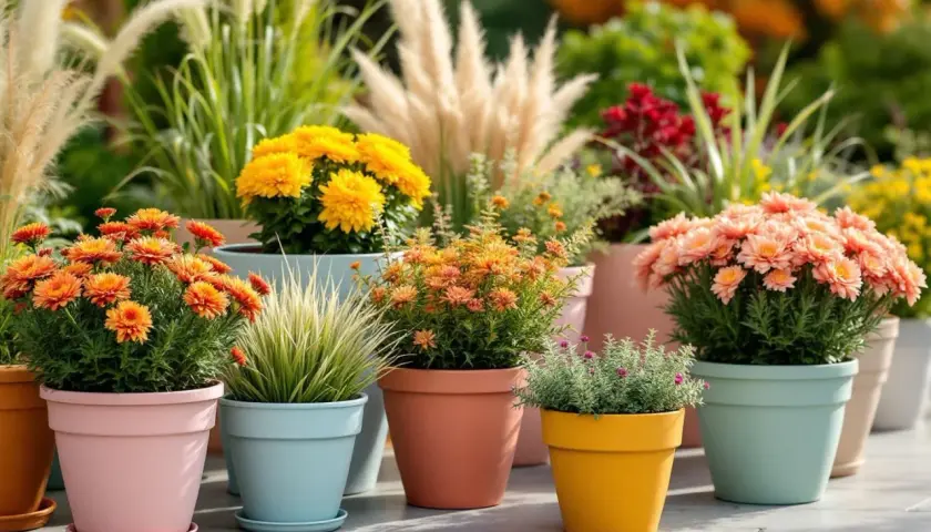 Jardinières extérieures colorées avec des chrysanthèmes orange, jaunes et roses. Une belle idée composition pour un balcon fleuri.