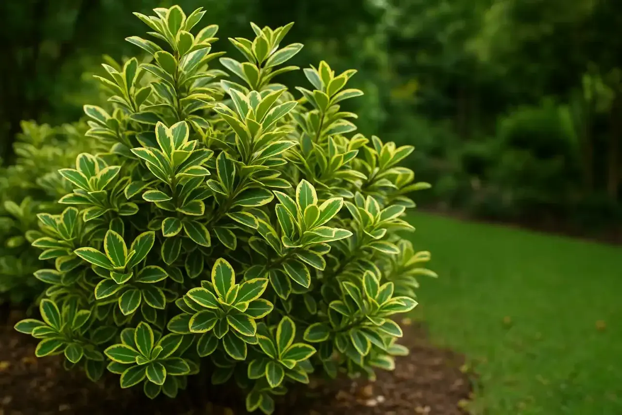 Un arbuste d'Euonymus japonicus aux feuilles vertes et jaunes bordées de vert vif, dans un jardin verdoyant.