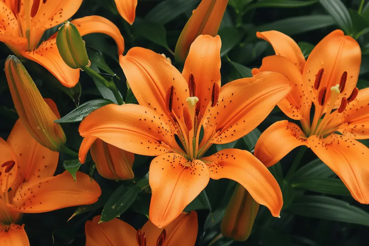 Des lys orange éclatants, symboles de passion et de confiance, s'épanouissent parmi des feuilles vertes.