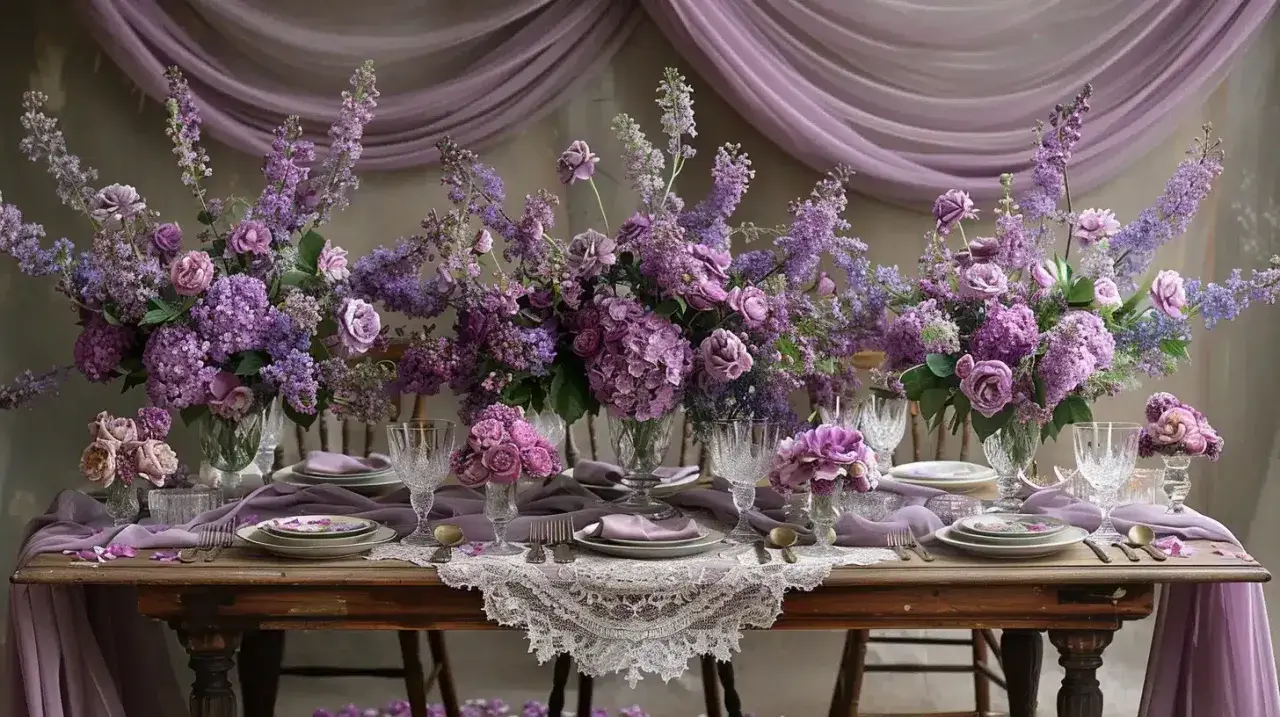 Magnifique table de mariage bohème ornée de bouquets de fleurs mauves et lilas, nappes en dentelle et tissus vaporeux.