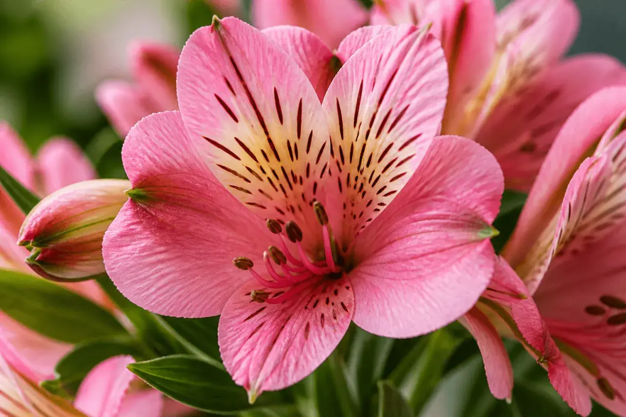 Fleurs d'alstroemeria roses, symbolisant l'amitié et la prospérité. Leurs pétales délicats révèlent des marques sombres et un cœur jaune.