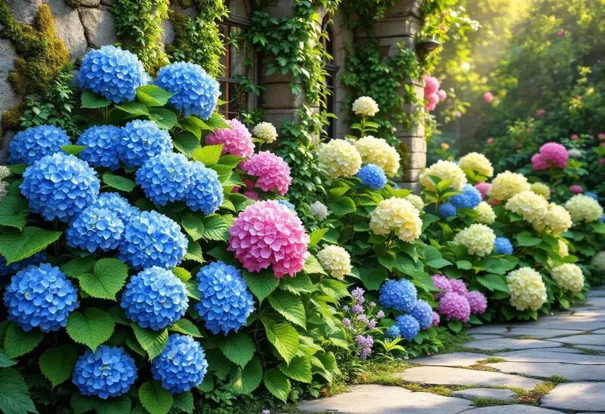 Un chemin pavé bordé d'hortensias bleus, roses et blancs éclatants, grimpant le long d'un mur de pierre couvert de végétation. La terre pour hortensia a permis cette floraison spectaculaire.