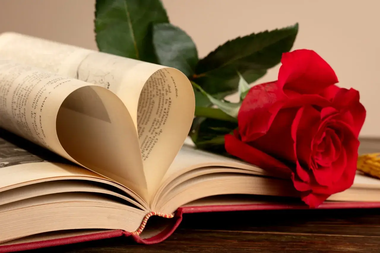 Un livre ouvert forme un cœur avec ses pages. Une rose rouge repose à côté, symbolisant l'amour et la passion. Que signifie la rose ? L'amour éternel, peut-être.