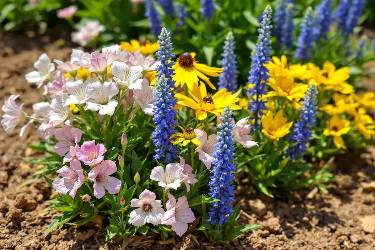 Un parterre coloré de plantes plein soleil sans arrosage : fleurs roses, blanches, jaunes et bleues s'épanouissent dans la terre sèche.