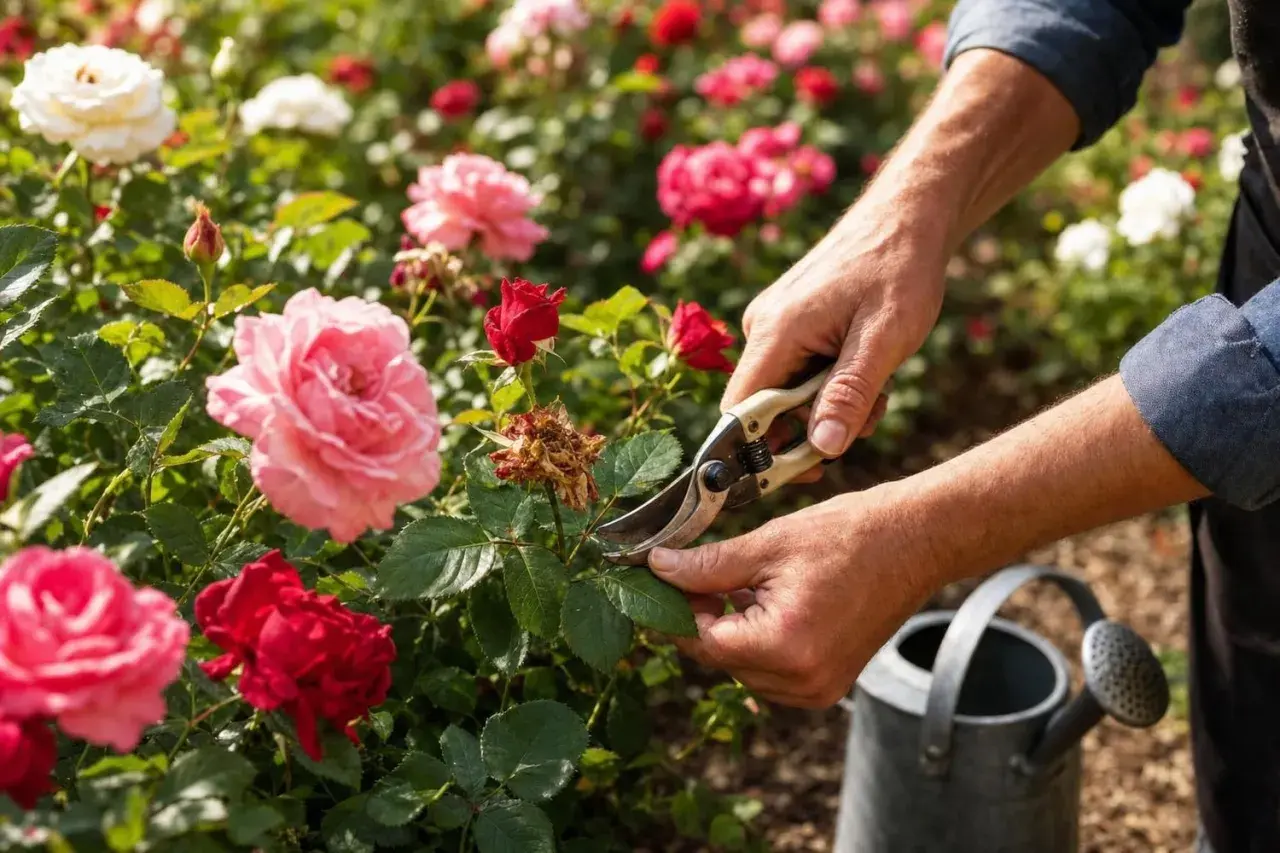 Un jardinier taille des roses rouges et roses. Un arrosoir est visible.