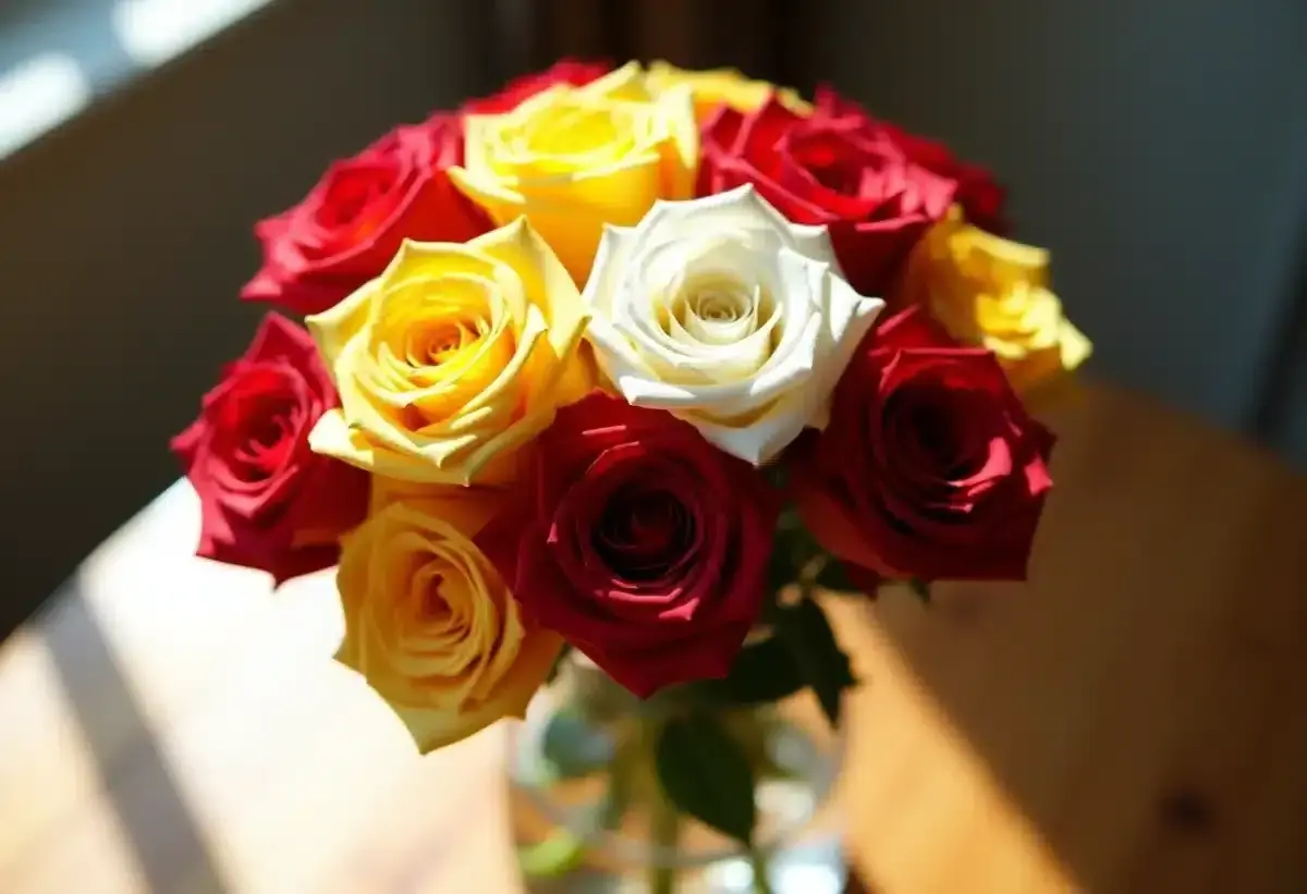 Un bouquet de roses rouges, jaunes et une blanche. La signification de 3 roses rouges est souvent l'amour éternel.