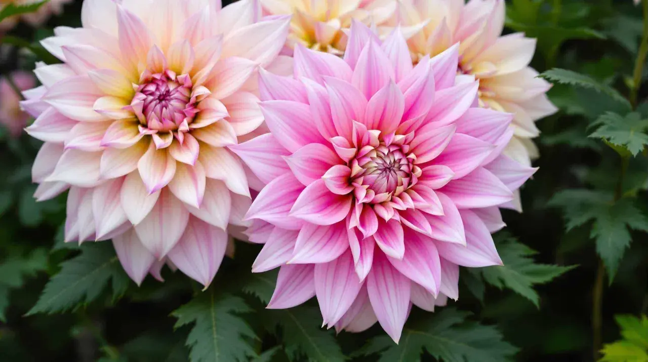 Dahlias rose et pêche, symboles de grâce et de beauté. La signification du dahlia est souvent liée à la dignité et à l'élégance.
