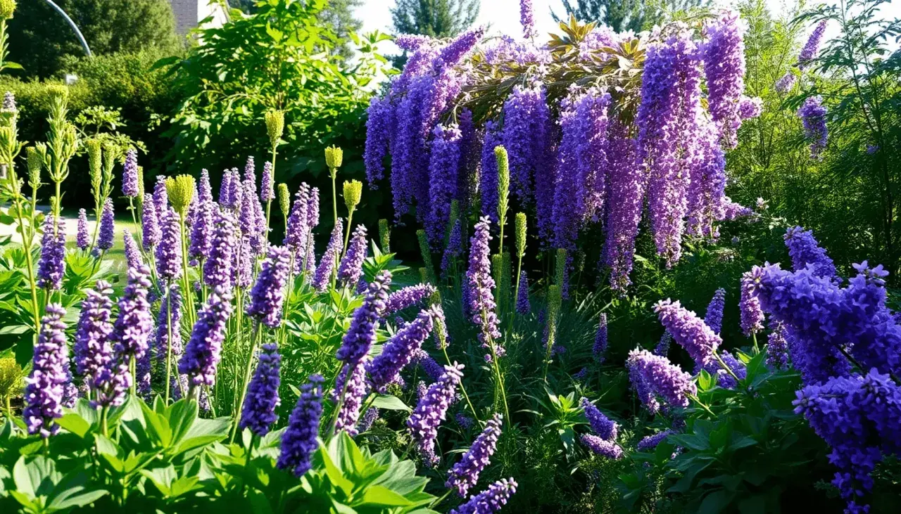 Un jardin luxuriant déborde de grappes de **fleur violette** vibrantes, certaines tombant en cascade, d'autres dressées fièrement.