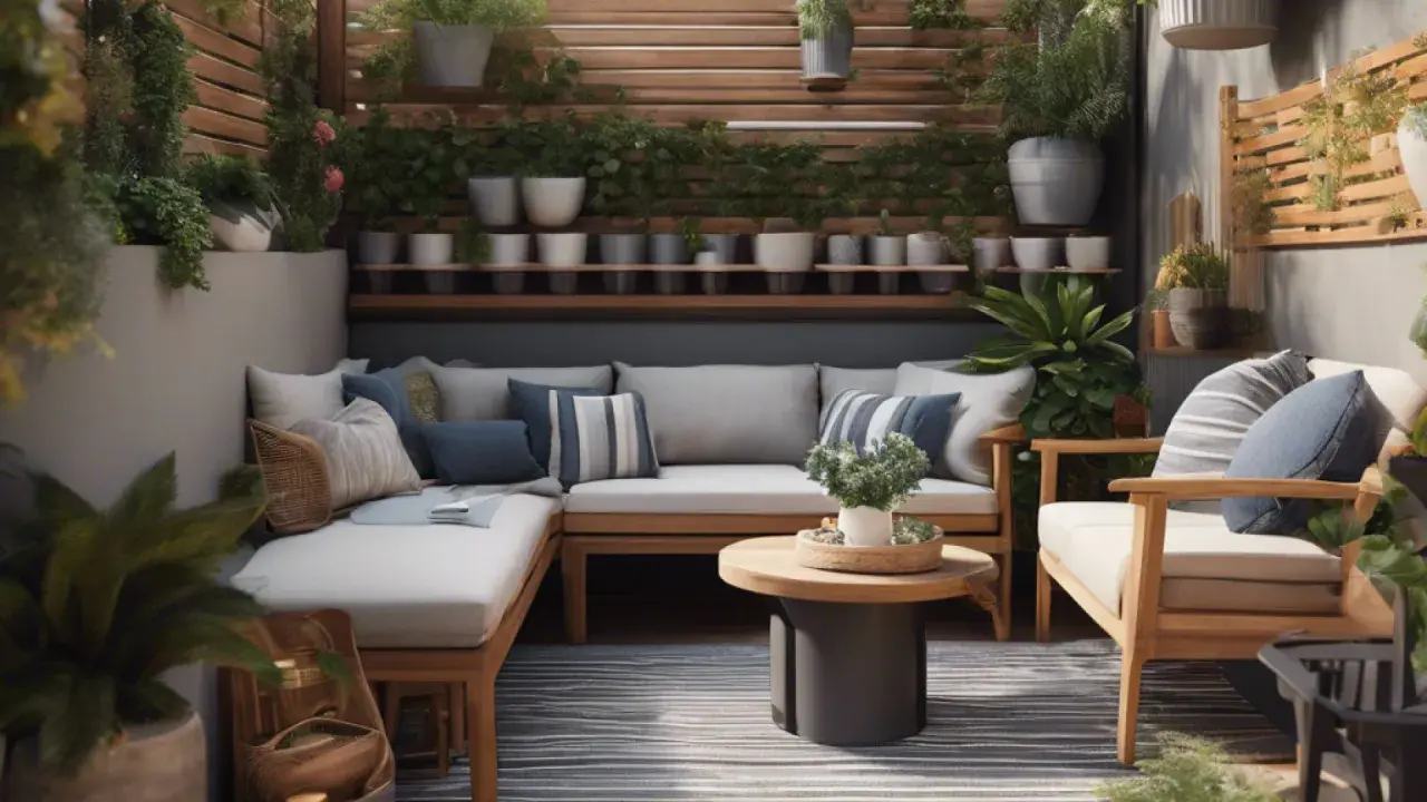 Une petite terrasse cocooning avec un canapé d'angle en bois, des coussins bleus et gris, une table basse ronde et de nombreuses plantes vertes.
