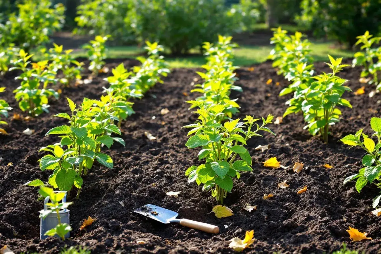 Jeunes plants de cassis alignés dans un sol sombre, prêts pour une nouvelle plantation. Une petite pelle repose à proximité.
