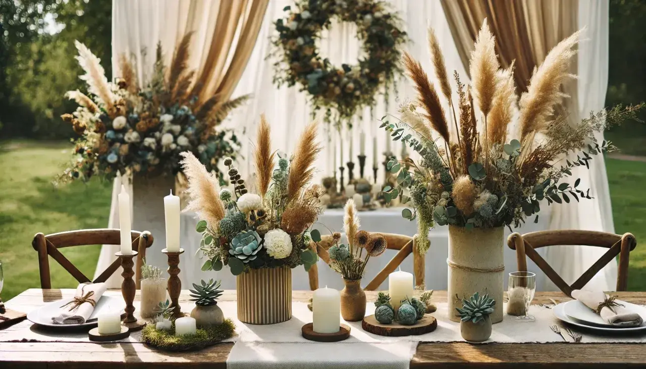 Une belle composition florale de communion, avec des herbes de la pampa, des fleurs séchées et des bougies, sur une table dressée en extérieur.