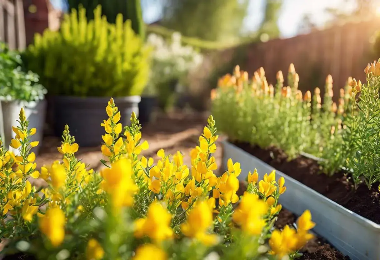 Des fleurs jaunes éclatantes, peut-être des genêts, illuminent un jardin ensoleillé. La taille genet est parfaite pour ces plantes.