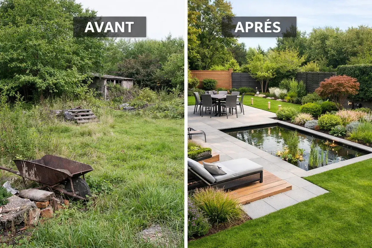 Avant/Après : un jardin sauvage transformé en havre de paix moderne. Une belle idée déco jardin avec bassin et terrasse.