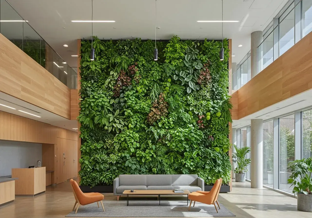 Mur végétal luxuriant offrant une riche texture plante, avec un canapé gris et deux fauteuils orange dans un espace moderne.